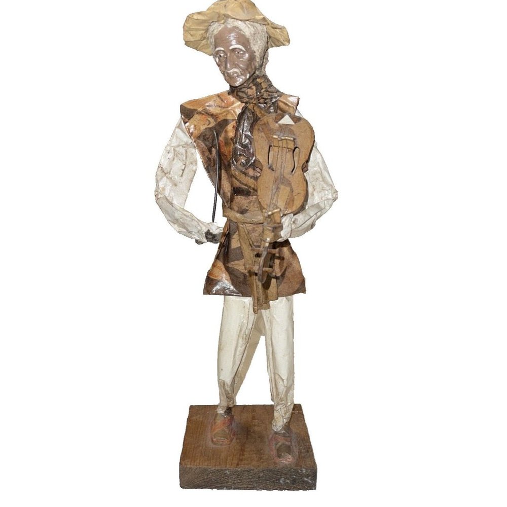 Folk Art Paper-Mâché Old Man Playing Violin Hand Made Mexico Vintage 13 3/4" t